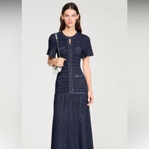 Sandro Navy Short-Sleeve Knit Midi Dress